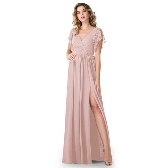 Azazie Dresses & Skirts - Azazie Zella Bridesmaid Long Dress Ruffle Lace Sleeve Dusty Pink Women's 8 NWT